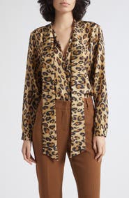MARELLA Leopard Printed Silk Tie Neck Shirt