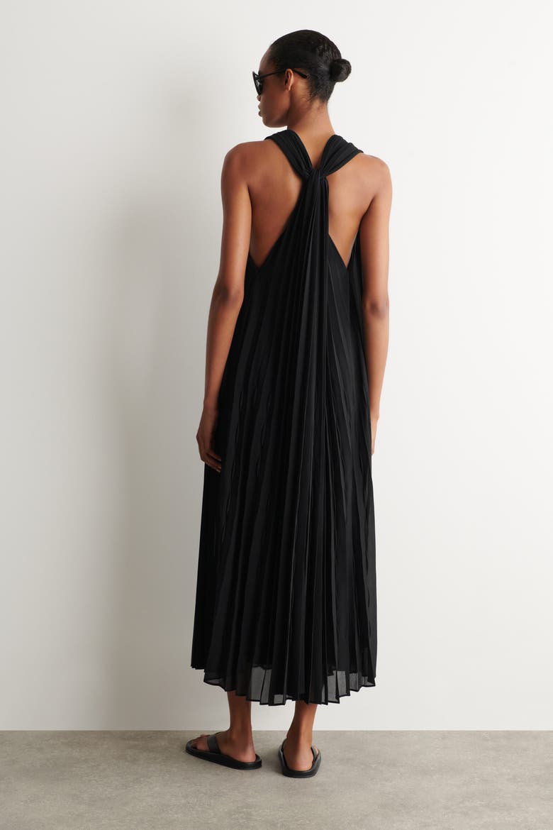 Tie-detail Pleated Georgette Maxi Dress, Alternate, color, BLACK