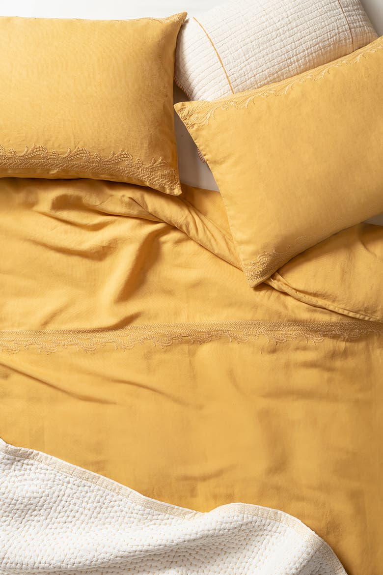 Mino Embroidered Cotton Linen Blend King Duvet Cover Set, Alternate, color, Mustard