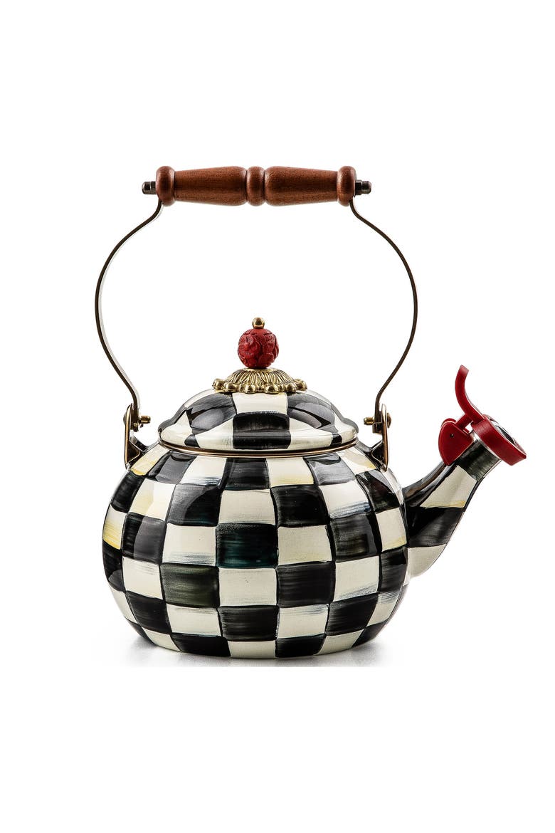 Courtly Check Enameled Steel Whistling Tea Kettle, Main, color, BLACK/ WHITE