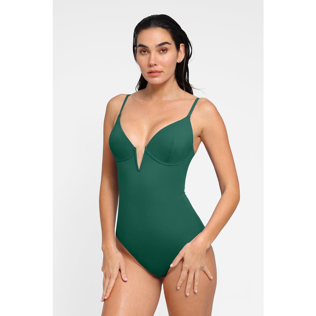 Popilush Shapewear Plunging V Slimming One-piece Swimsuit In Bottle Green