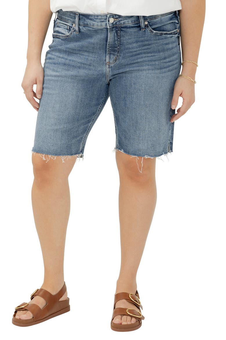 Elyse Curvy Raw Hem Mid Rise Denim Bermuda Shorts, Main, color, SUNSET BLUE