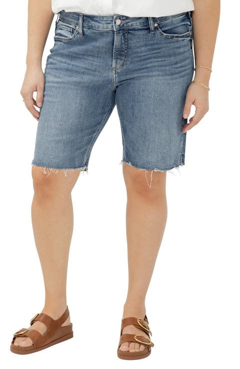 Elyse Curvy Raw Hem Mid Rise Denim Bermuda Shorts (Sunset Blue) (Plus)