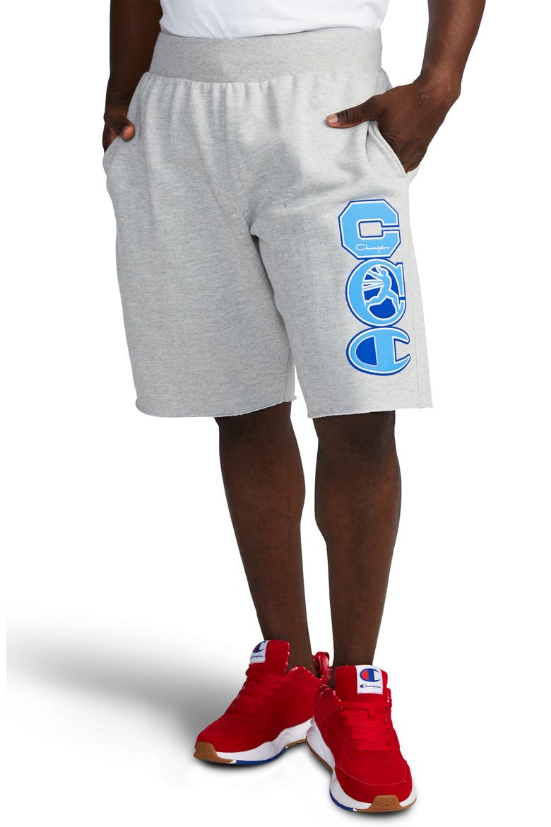 Reverse Weave Felt Patch Cutoff Fleece Shorts, Main, color, OXFORD GREY
