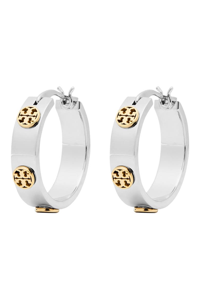 Thin Icon Hoop Earrings, Main, color, TORY SILVER / TORY GOLD