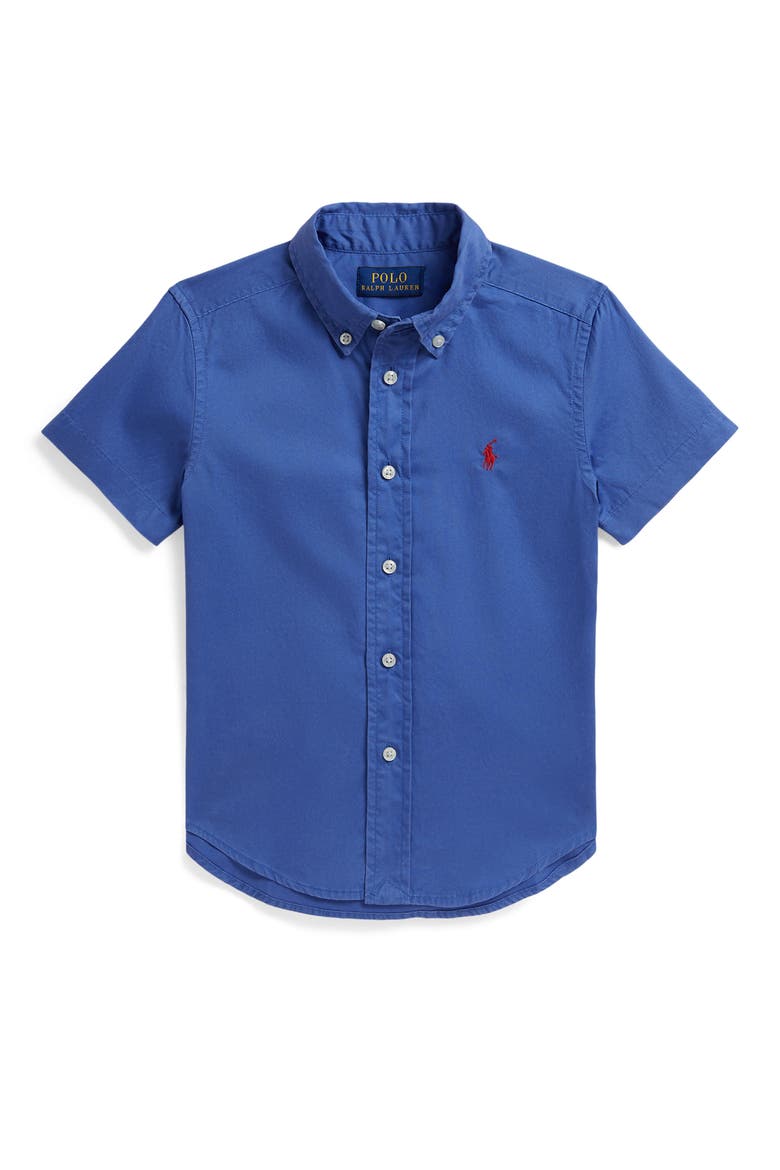 Kids' Featherweight Short Sleeve Cotton Twill Button-Down Shirt, Main, color, MODERN ROYAL