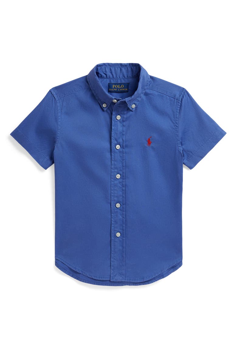 Polo Ralph Lauren Kids' Featherweight Short Sleeve Cotton Twill Button-Down Shirt, Main, color, Modern Royal