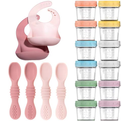 Glass Baby Food Storage Jars, Silicone Baby Spoons and Bibs Set