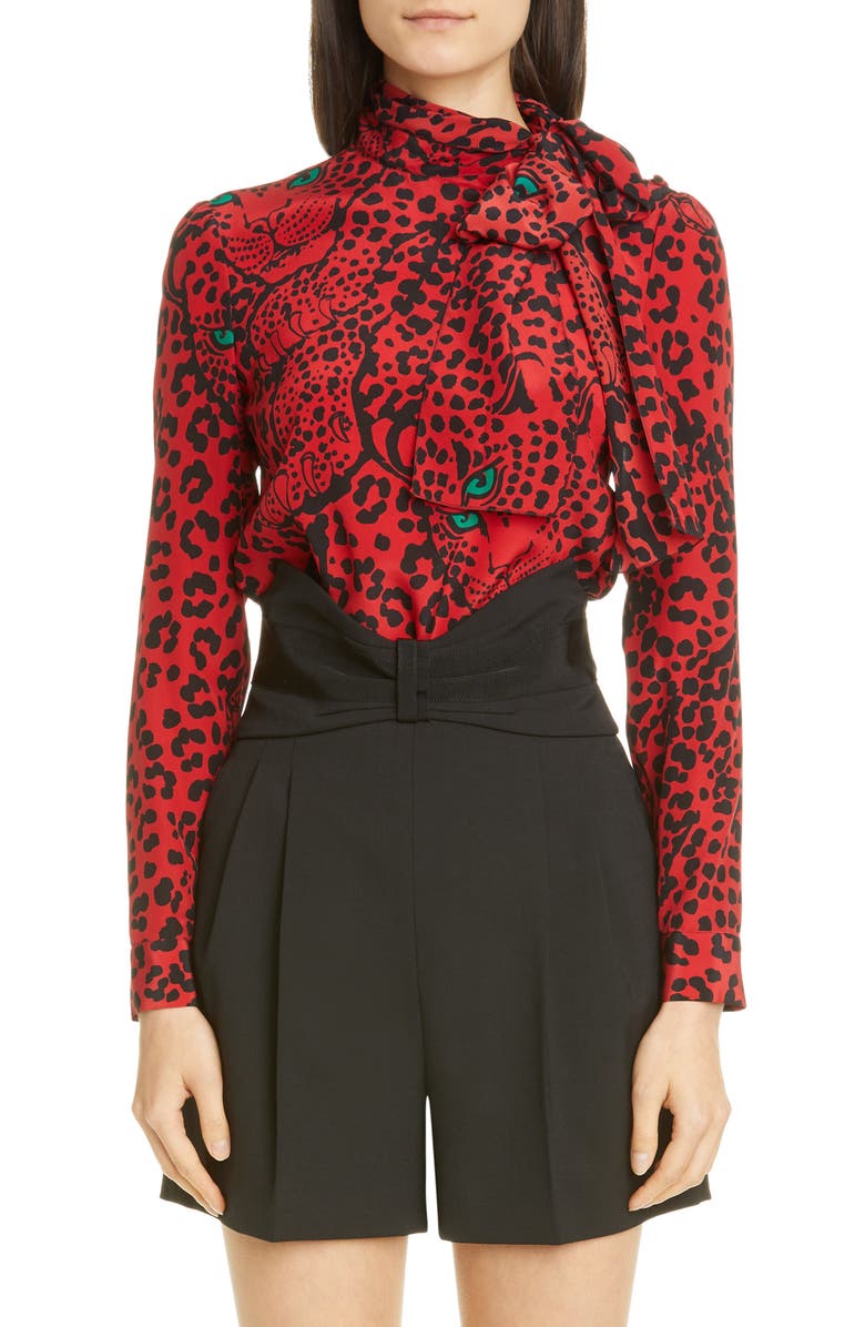RED Valentino Leopard Print Tie Neck Silk Blouse, Main, color,