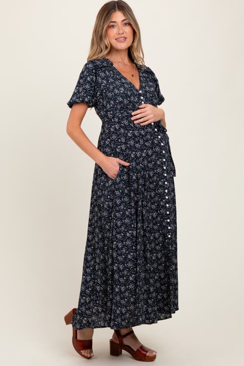 Pinkblush Floral Button Down Maternity Dress In Blue