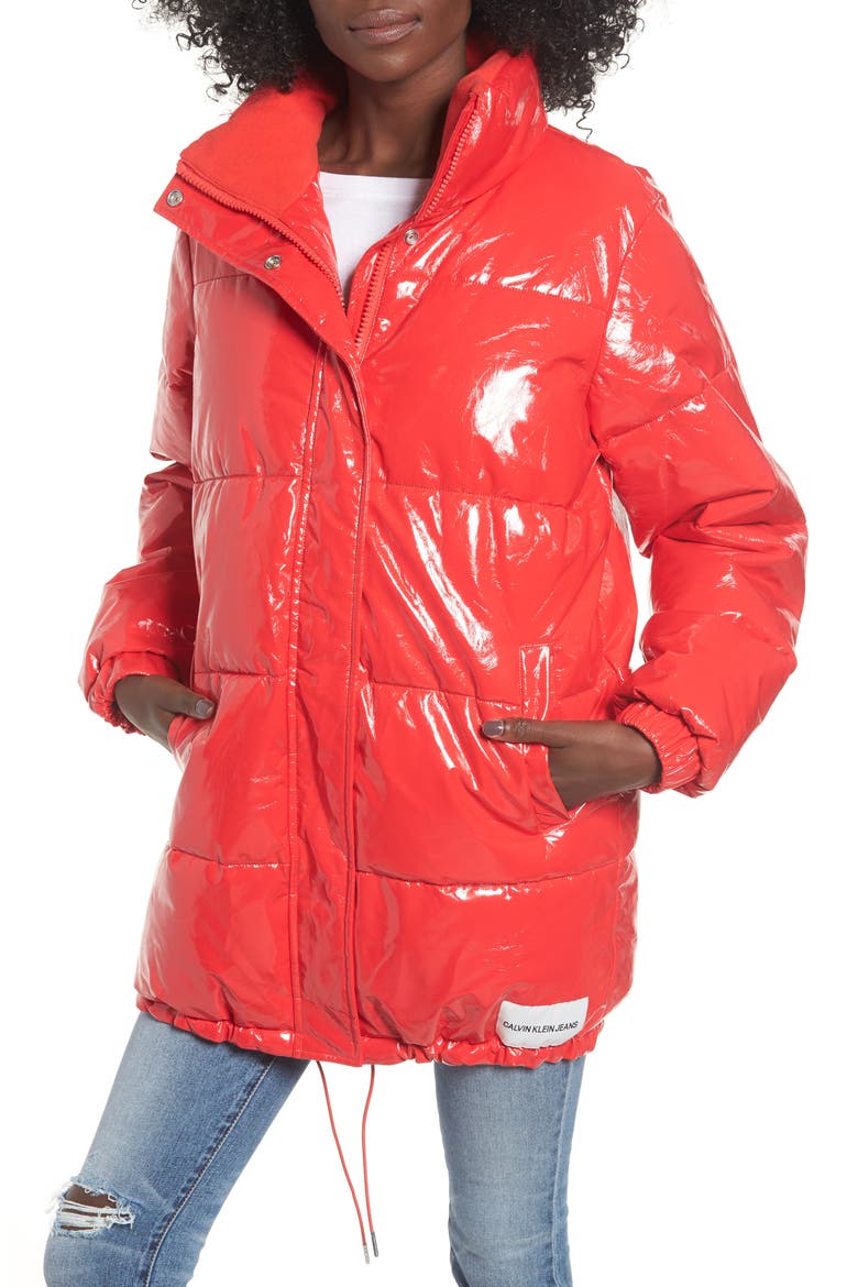 Glossy Puffer Jacket, Alternate, color, TOMATO