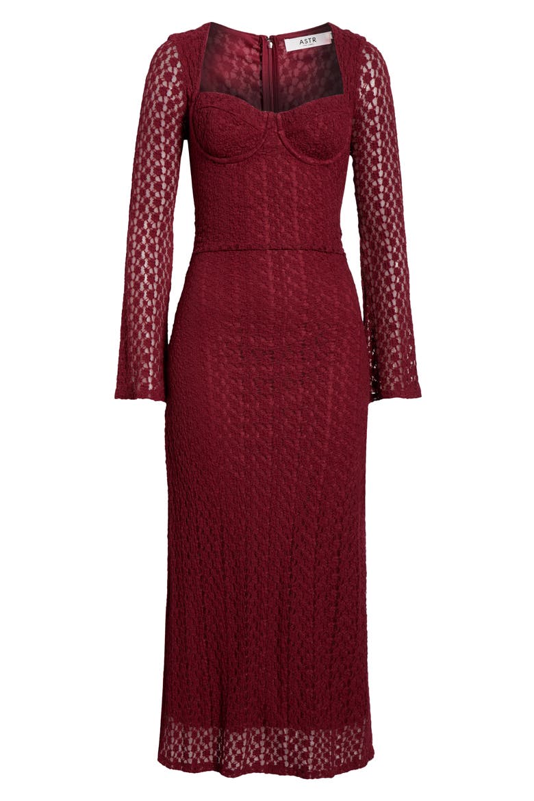 Tamia Long Sleeve Lace Midi Dress, Alternate, color, WINE