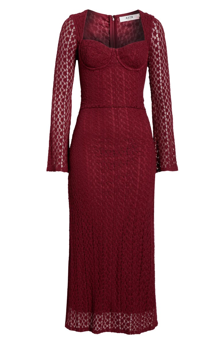 ASTR the Label Tamia Long Sleeve Lace Midi Dress, Main, color, Wine