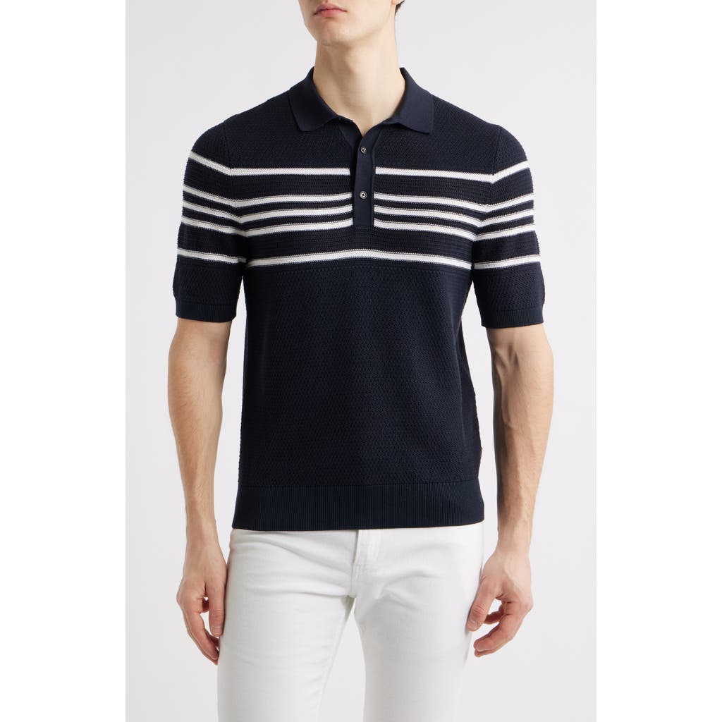 Hugo Boss Knit Polo In Silk And Cotton With Stripe Details In Dark Blue