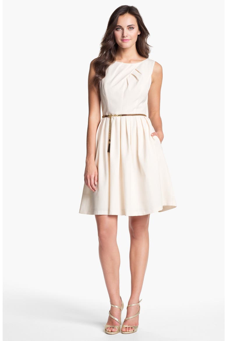 Pleated Fit & Flare Dress, Main, color, VANILLA