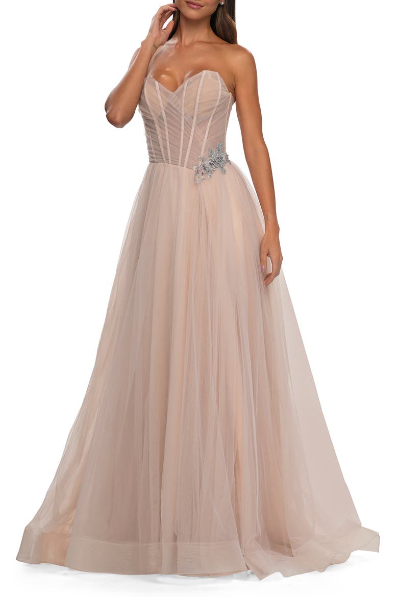 Strapless A-line Tulle Dress with Floral Waist Detail, Main, color, Blush