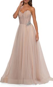 La Femme Strapless A-line Tulle Dress with Floral Waist Detail