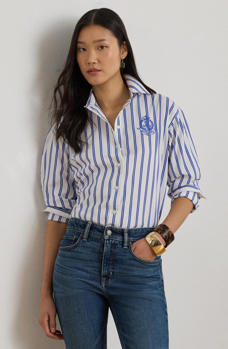 Lauren Ralph Lauren Stripe Cotton Broadcloth Button-Down Shirt, Alternate, color, Blue/ White