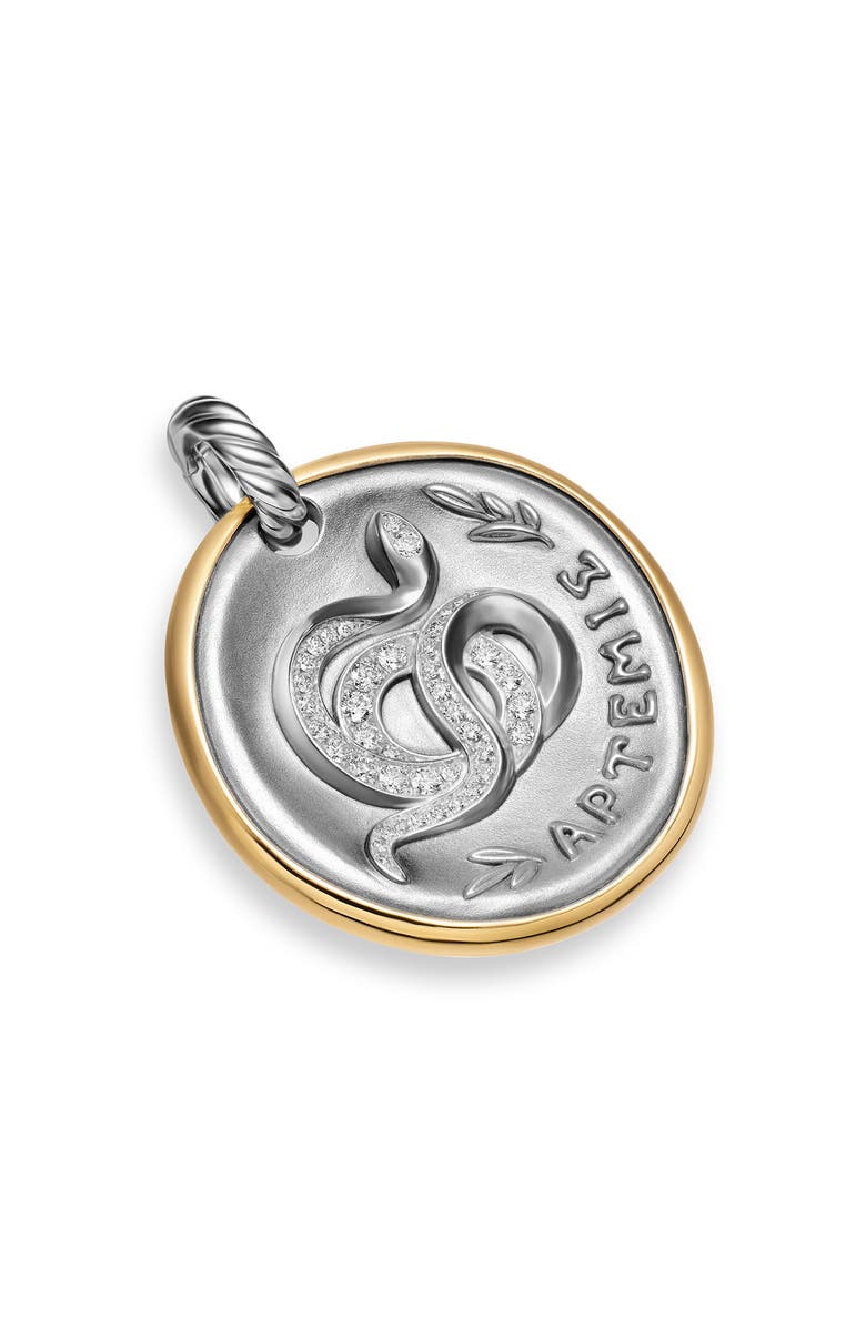 David Yurman Medallion Amulet Sterling Silver with 14K Yellow Gold and Diamonds, 29.5mm, Main, color, Silver Pave Artemis