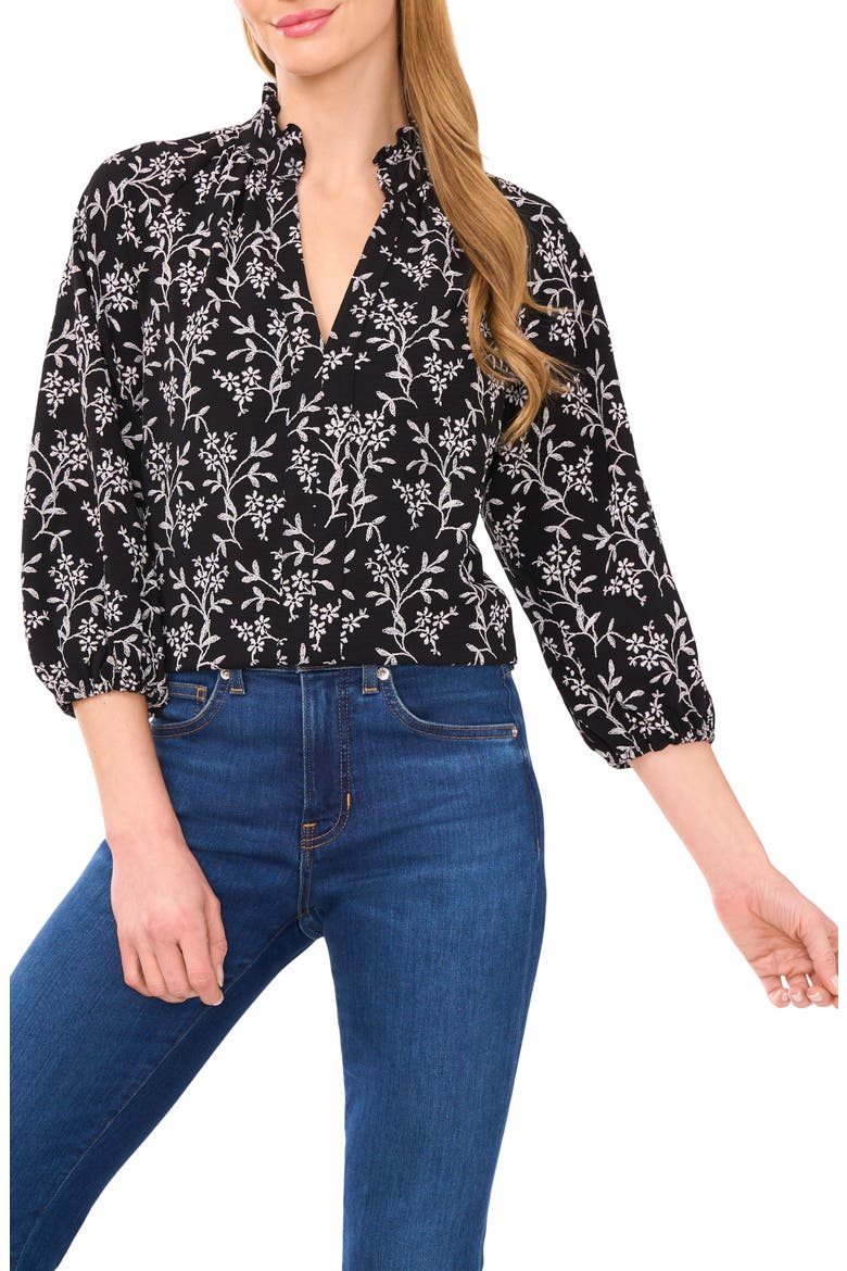 Floral Embroidered Ruffle Neck Top, Main, color, RICH BLACK