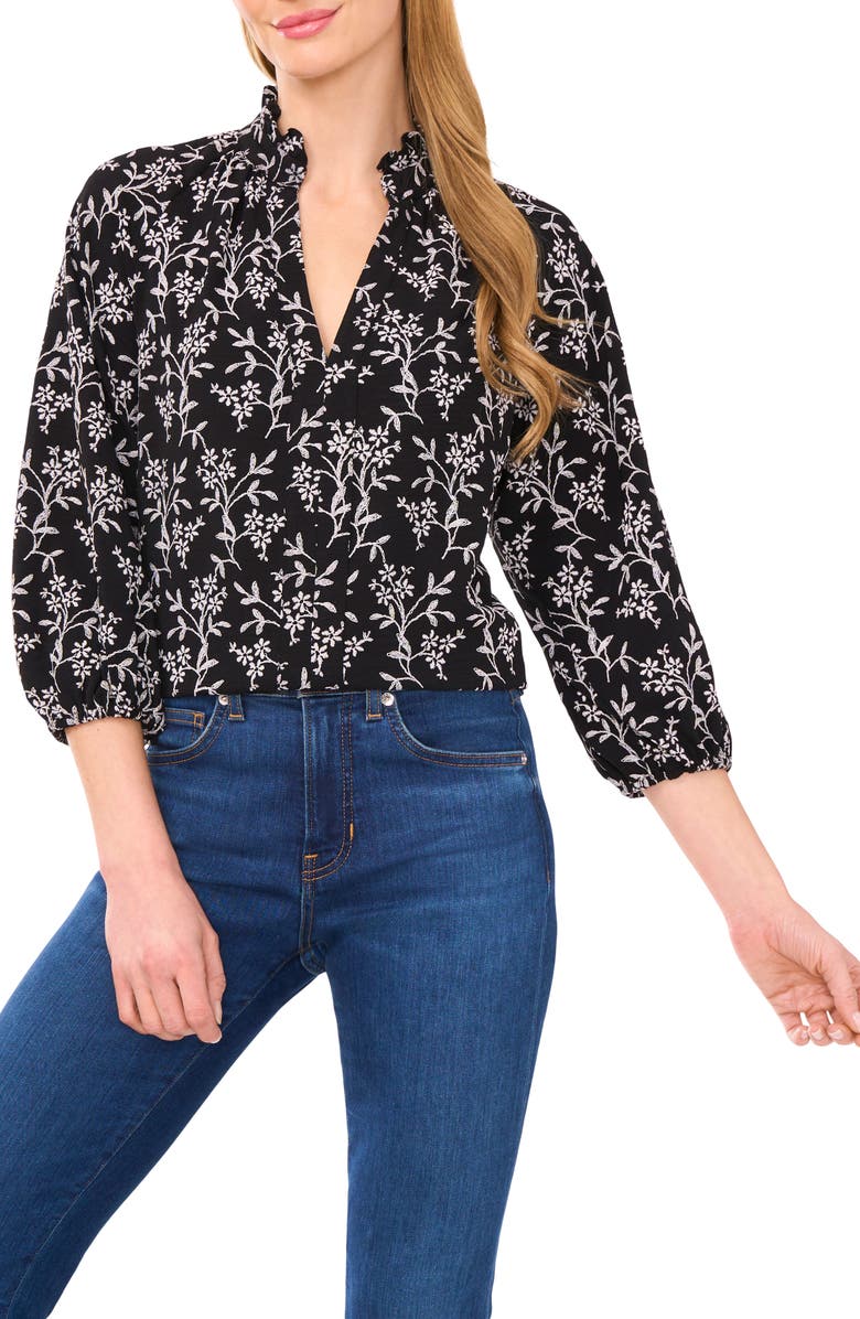 CeCe Floral Embroidered Ruffle Neck Top, Main, color, Rich Black