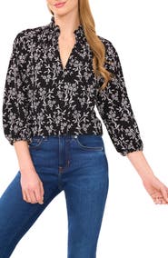 CeCe Floral Embroidered Ruffle Neck Top