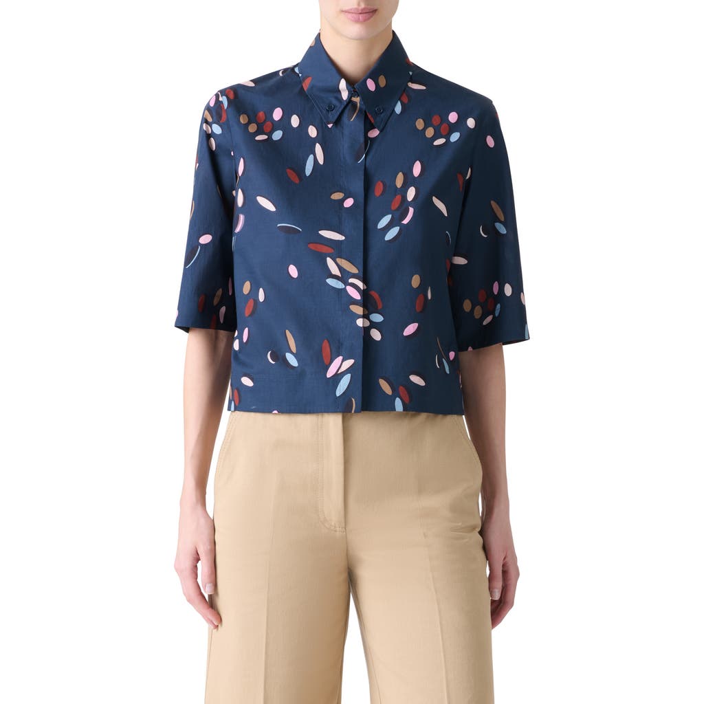 Akris Punto Dropping Dots Short Sleeve Crop Button-down Shirt In Blue