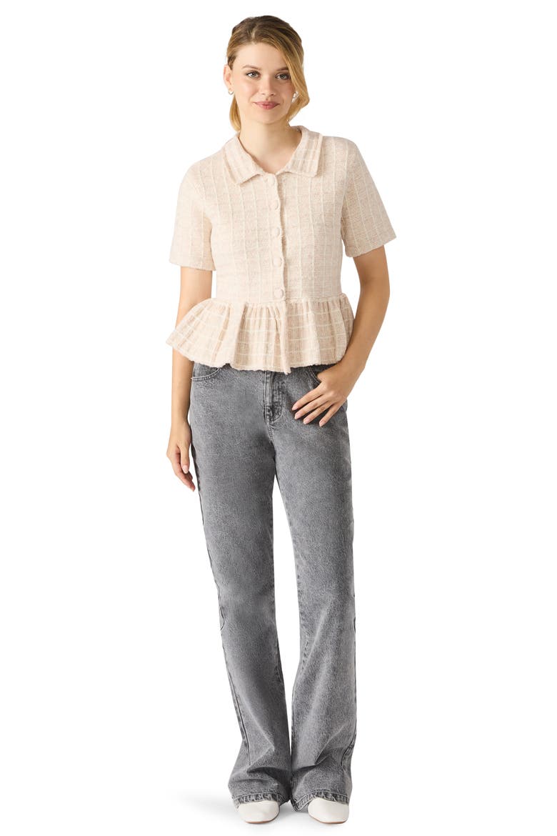 Roxanna Peplum Tweed Button-Up Top, Alternate, color, BEIGE/ WHITE