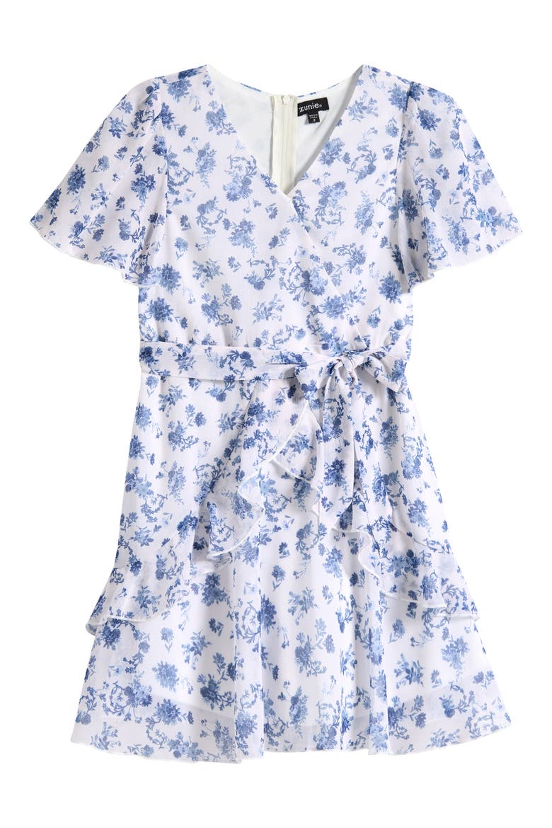 Kids' Flutter Sleeve Faux Wrap Party Dress, Main, color, IVORY/BLUE