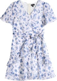 Zunie Kids' Flutter Sleeve Faux Wrap Party Dress