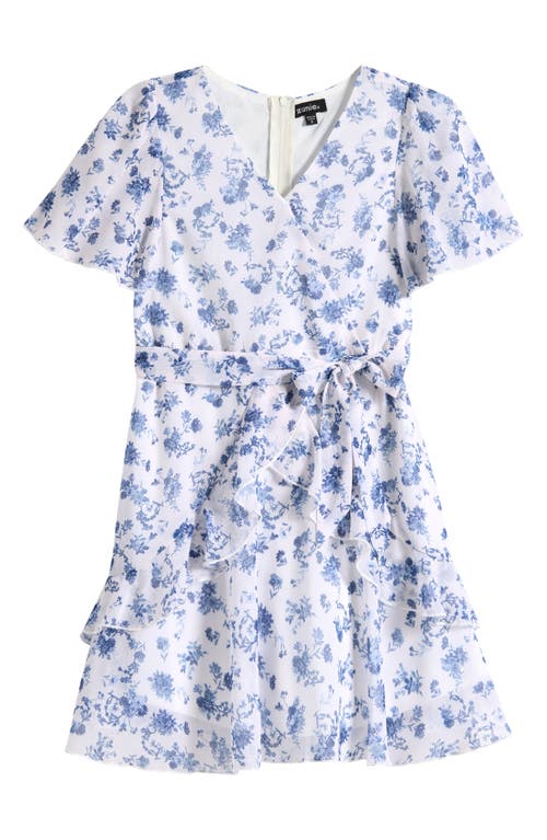 Zunie Kids' Flutter Sleeve Faux Wrap Party Dress in Ivory/blue 