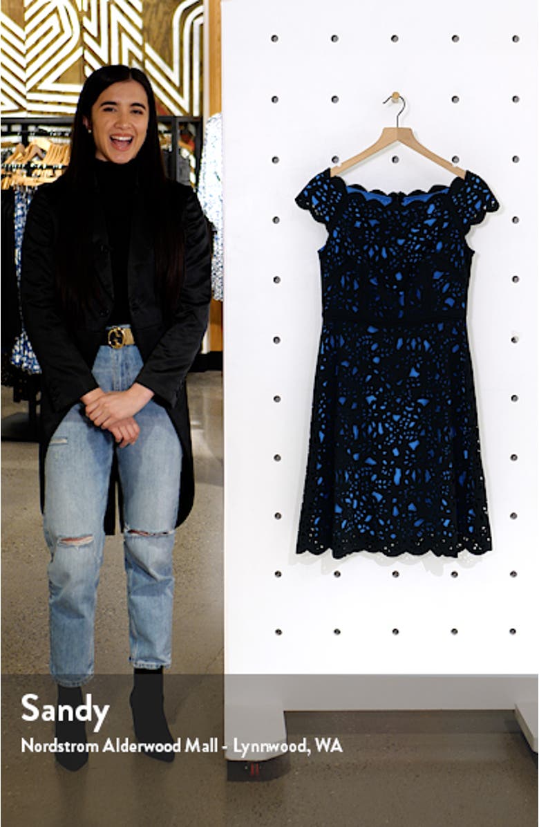 Laser Cut Floral Off the Shoulder Fit & Flare Cocktail Dress, sales video thumbnail