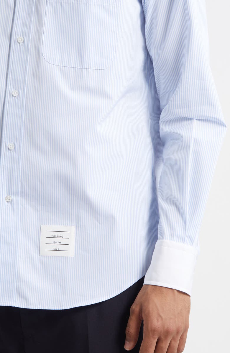 Thom Browne Micro University Stripe Straight Fit Cotton Poplin Button-Down Shirt, Alternate, color, Light Blue