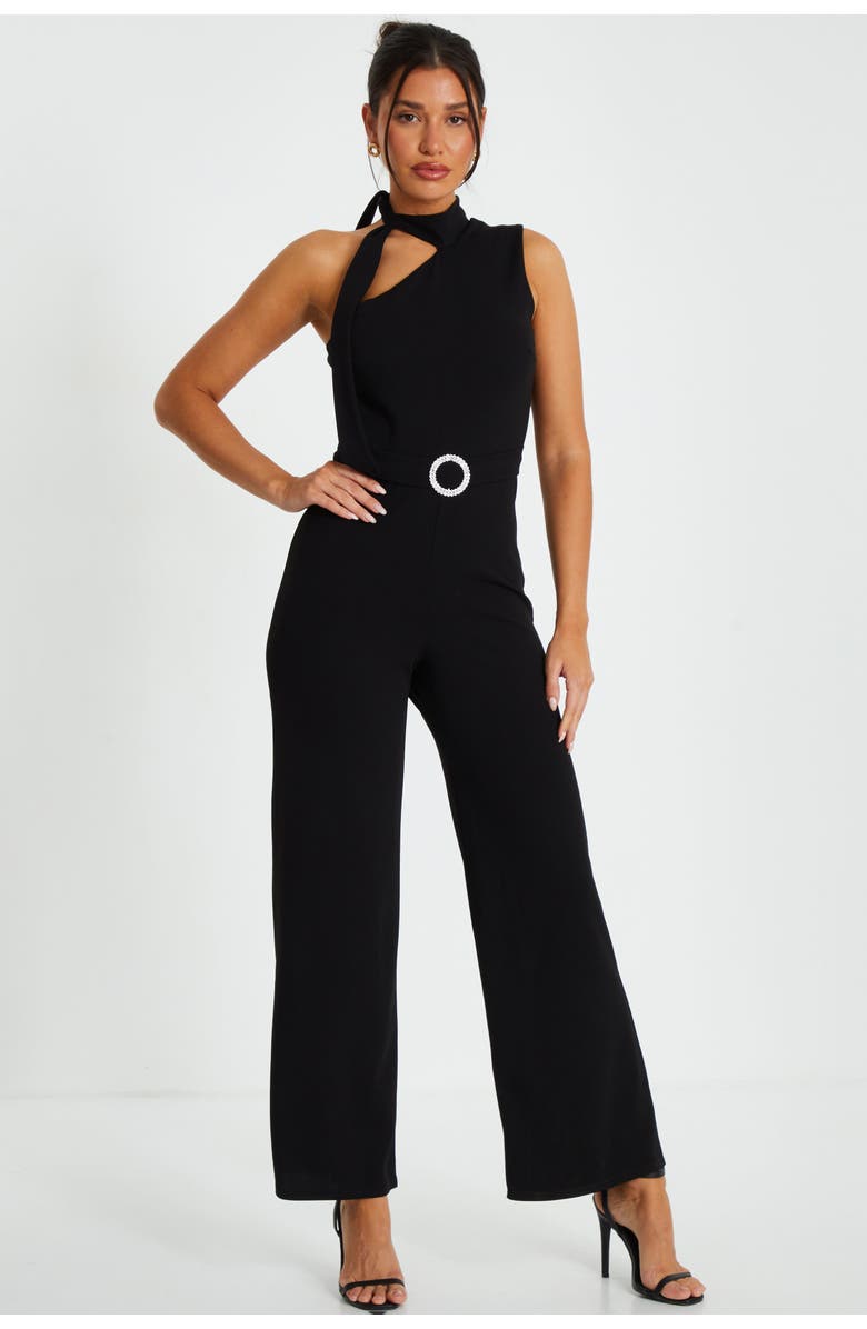 QUIZ Scuba Crepe Tie Neck Palazzo Jumpsuit, Main, color, 