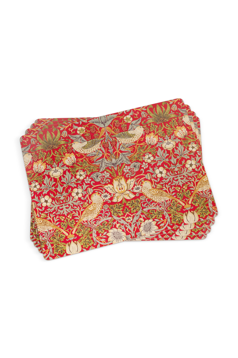 Strawberry Thief Red Set of 4 Cork Back Placemats, Main, color, Strawberry Thief Red