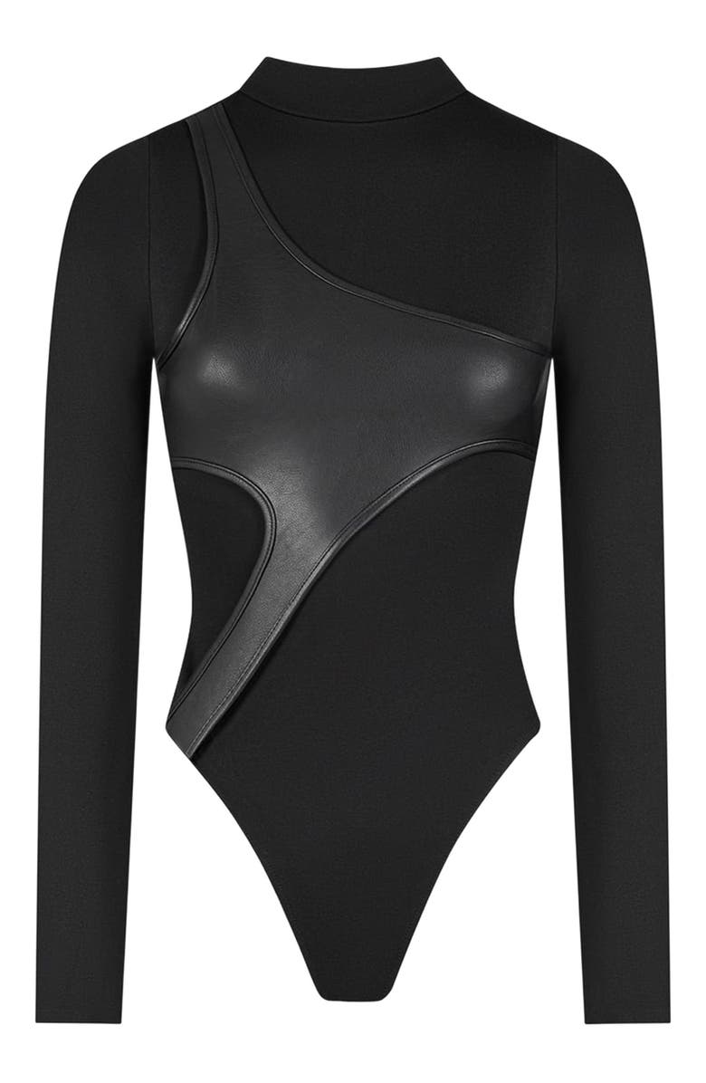 Manière De Voir Leather Overlay High Neck Bodysuit, Alternate, color, Black