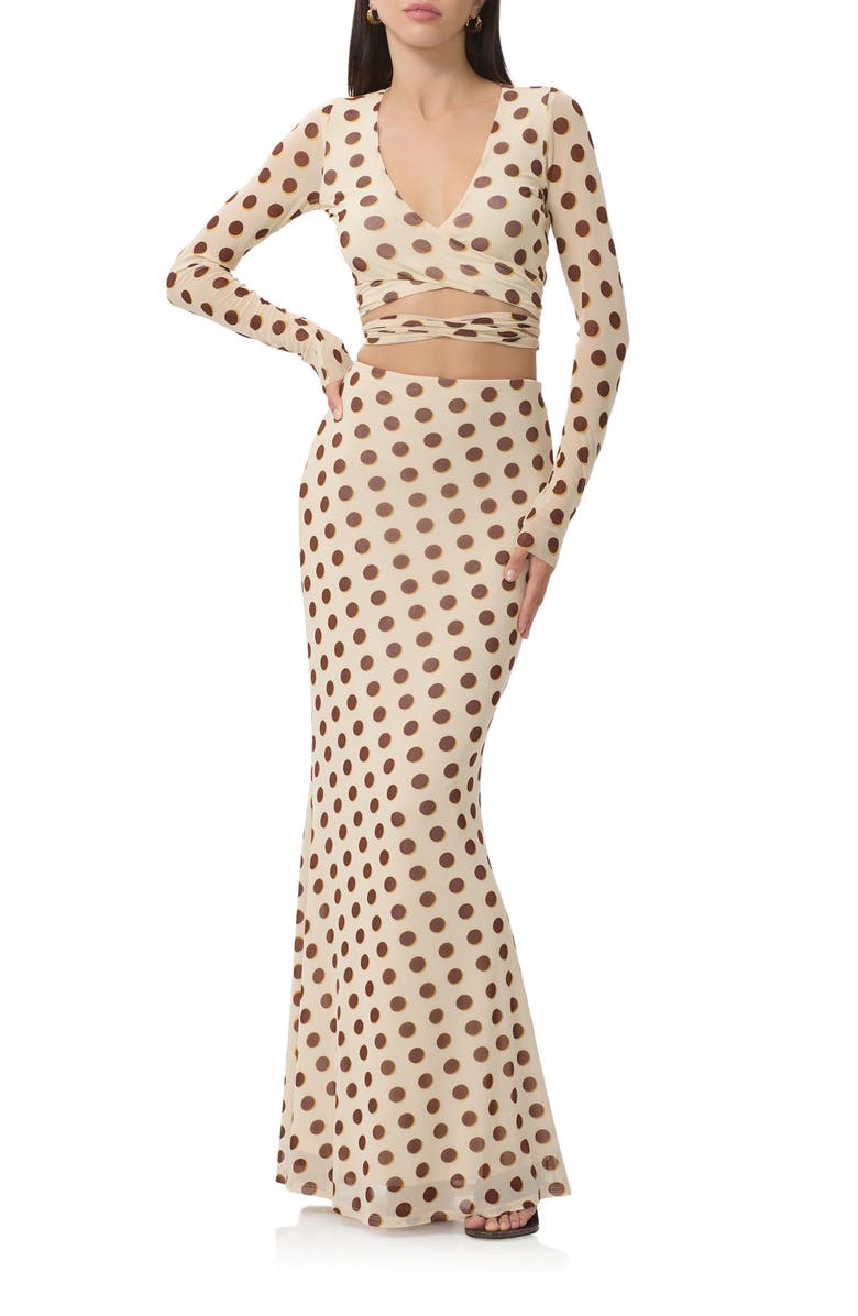 AFRM Halsey Wrap Mesh Crop Top, Alternate, color, Gold Halo Dot