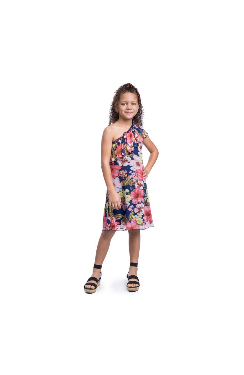 24sevenKid Blue Floral One Shoulder Ruffle Knee Length Dress, Main, color, Pink Multi