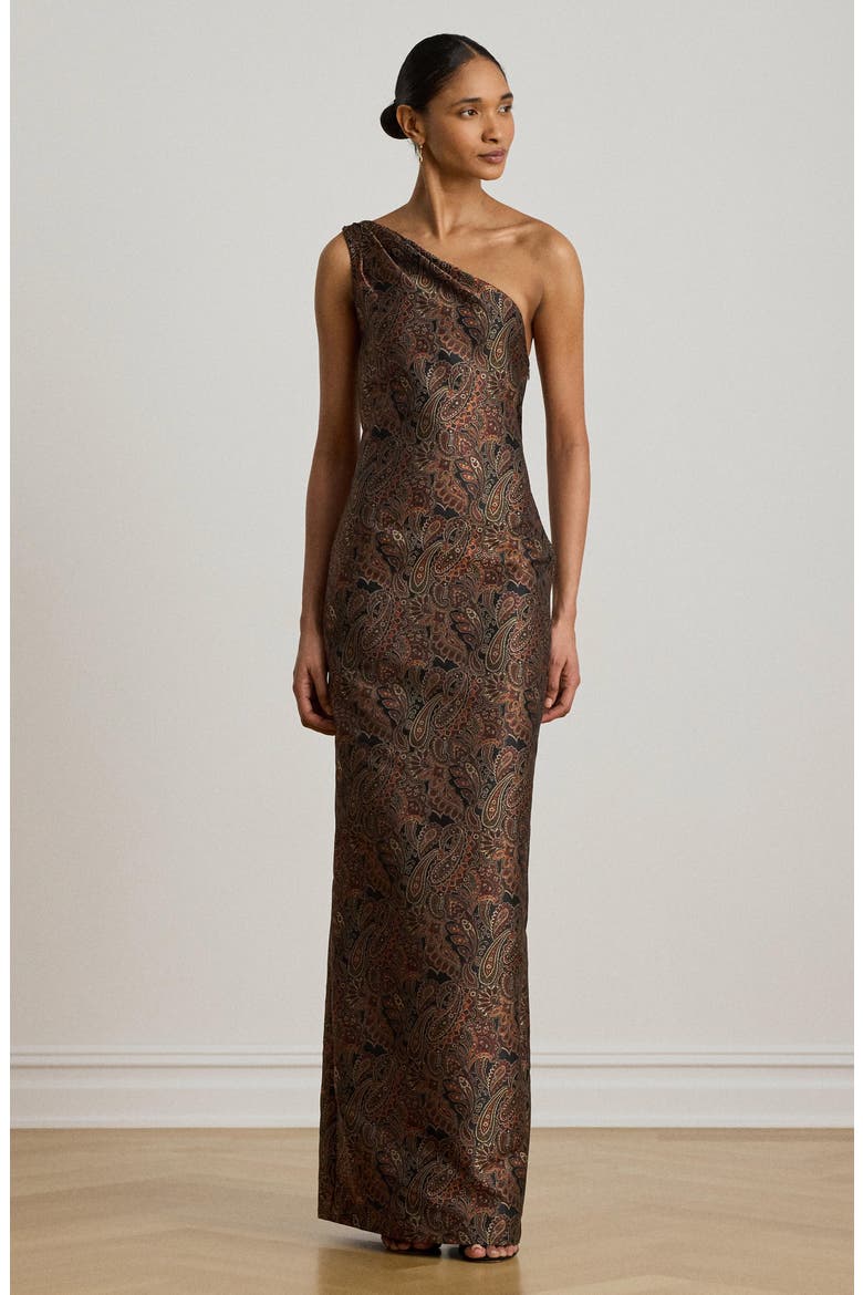 Paisley Jacquard One Shoulder Gown, Alternate, color, BLACK/ MULTI