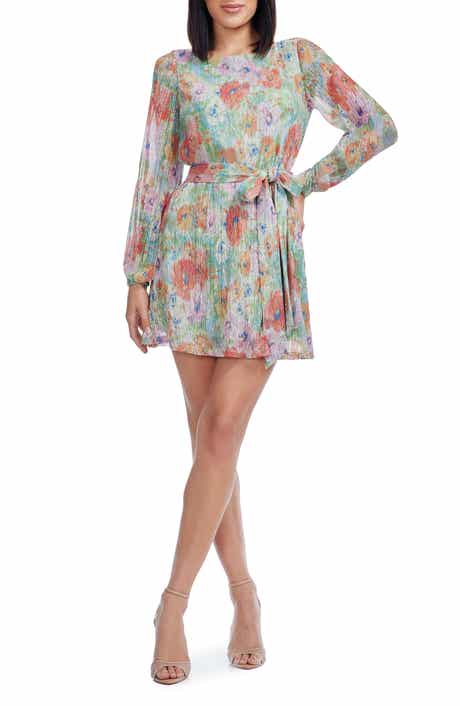 Dress the Population Kirsi Metallic Floral Long Sleeve Cocktail Minidress