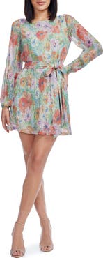 Dress the Population Kirsi Metallic Floral Long Sleeve Cocktail Minidress