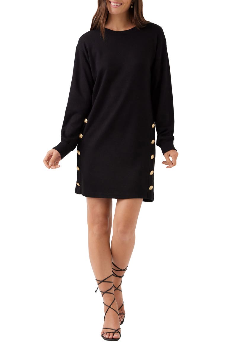 Button Detail Crewneck Long Sleeve Dress, Main, color, BLACK