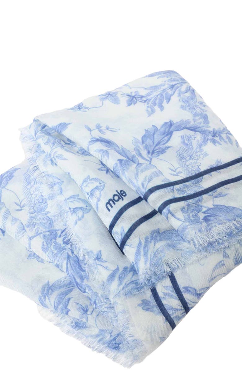 maje Floral print wool blend shawl, Alternate, color, White/Blue