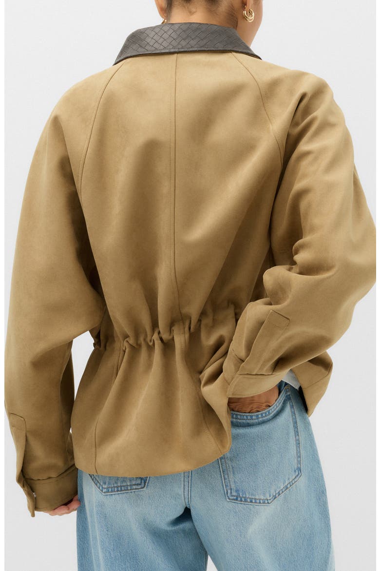 Faux Suede Peplum Jacket with Faux Leather Collar, Alternate, color, BROWN