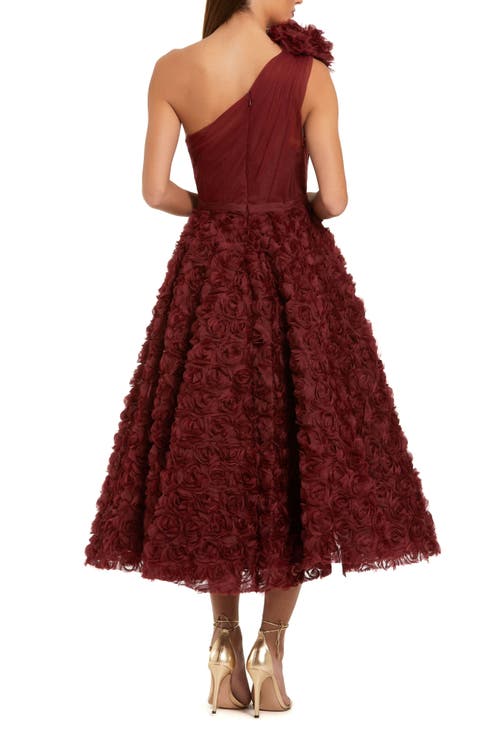 Mac Duggal One Shoulder Rosette A Line Midi Dress With 3d Flower In Burgundy