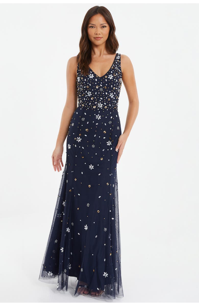 QUIZ Beaded 2-In-1 Cape And Evening Dress, Alternate, color, Navy