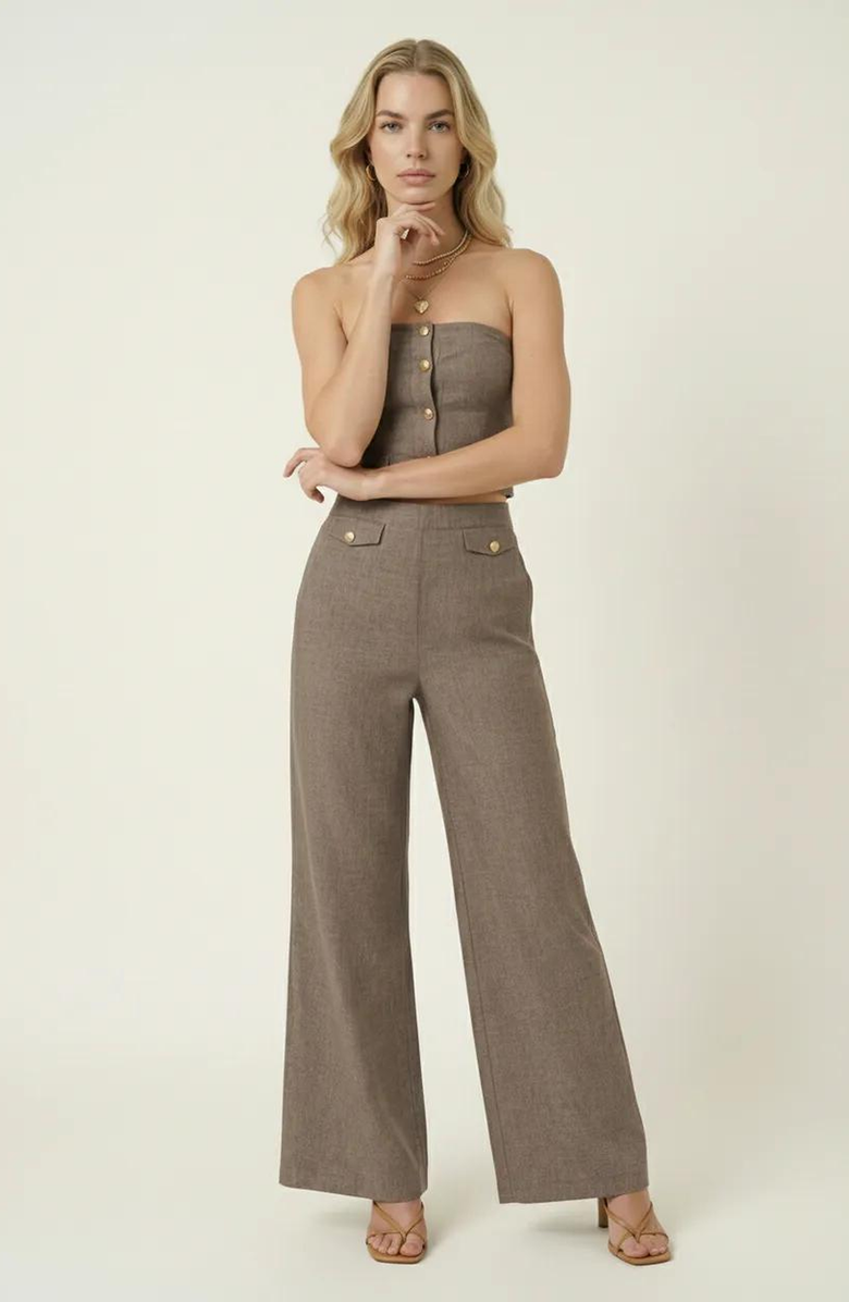 Modenaire Strapless Button-Front Crop Top and Wide-Leg Pants Two-Piece Set, Alternate, color, 