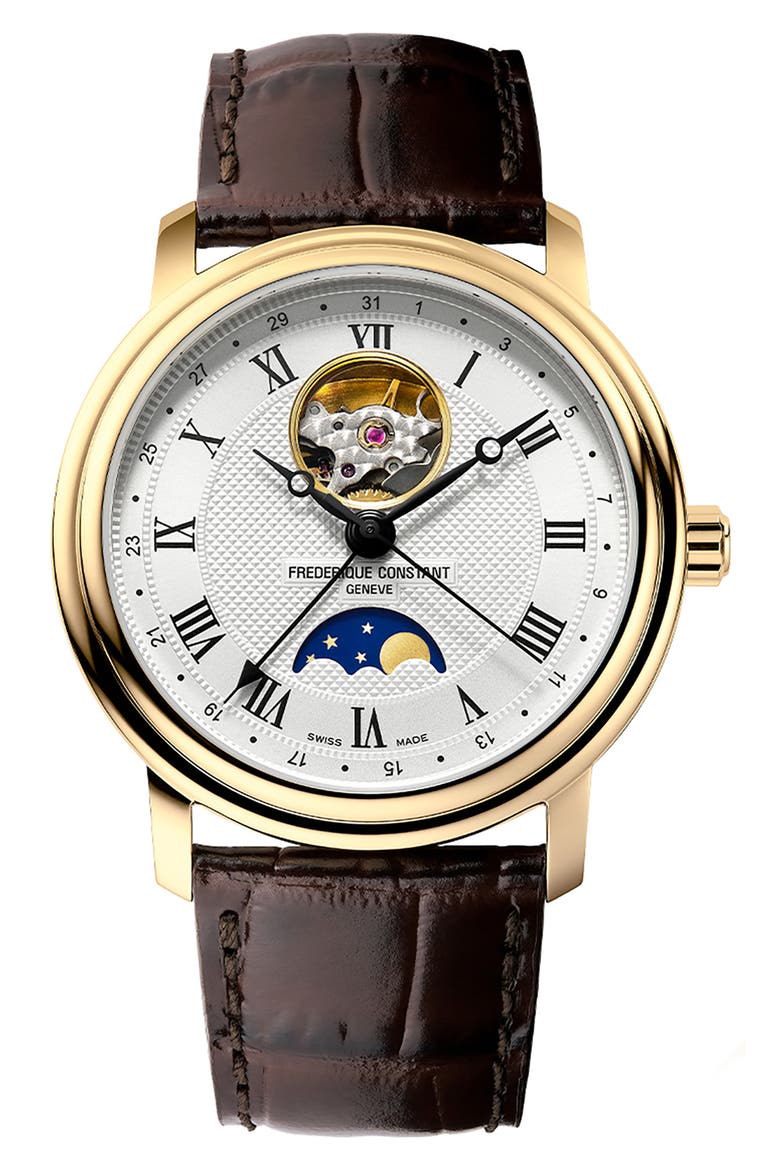 Classics Heartbeat Moon Phase Leather Strap Watch, 40mm, Main, color, GOLD-TONE