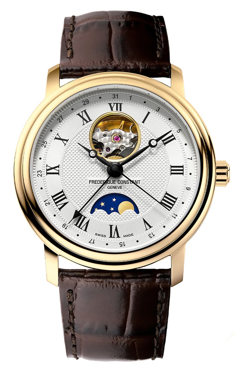 FREDERIQUE CONSTANT Classics Heartbeat Moon Phase Leather Strap Watch, 40mm, Main, color, Gold-Tone