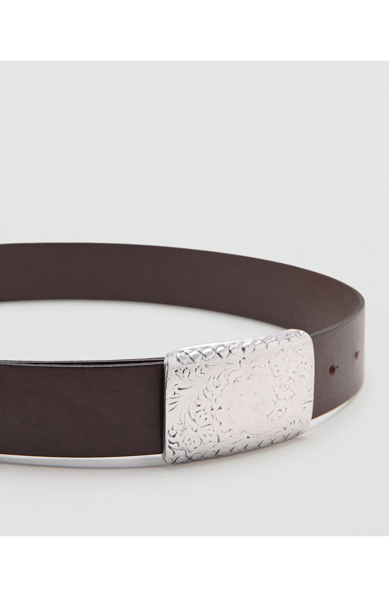 MANGO Engraved Buckle Leather Belt, Alternate, color, Chocolate
